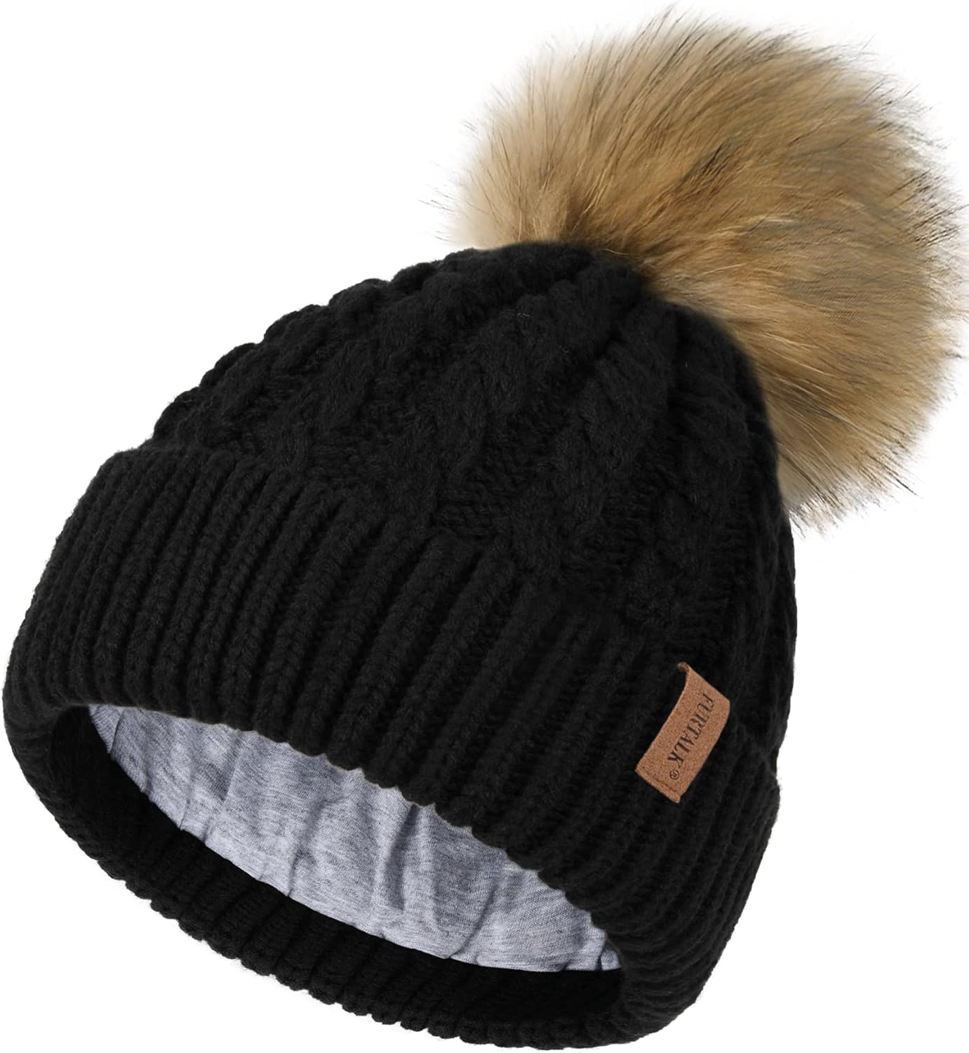 50% OFF FURTALK Winter Beanie Hat for Women Cotton Lined Faux Fur Pom Pom Hats Womens