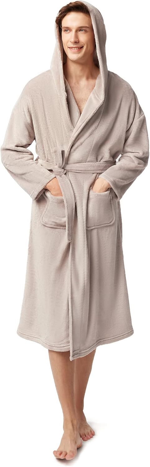 50% OFF SIORO Mens Fleece Hooded Robe,Super Soft Plush Bathrobes with Pocket Fuzzy Winter Nightgown
