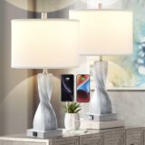 50% OFF Dungoo Modern Table Lamp Set of 2 Silver Twist Crackle Glass Bedside Lamp with USB