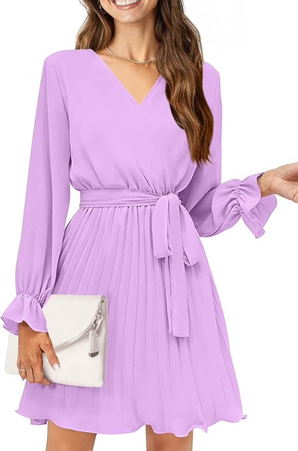 50% OFF Women’s Casual Spring Dresses Long Puff Sleeve V Neck Pleated Ruffle Flowy Belted Dress