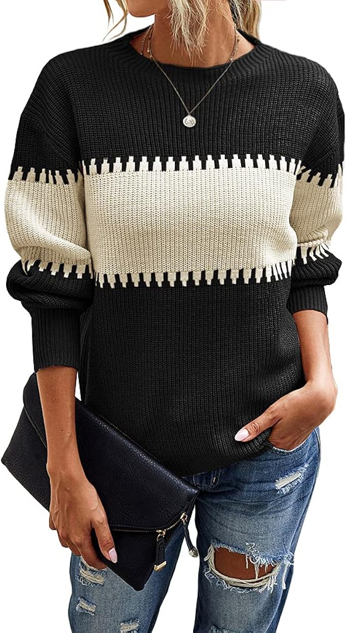 50% OFF Womens Color Block Knit Sweater Long Sleeve Crewneck Loose Jumper Pullover Tops