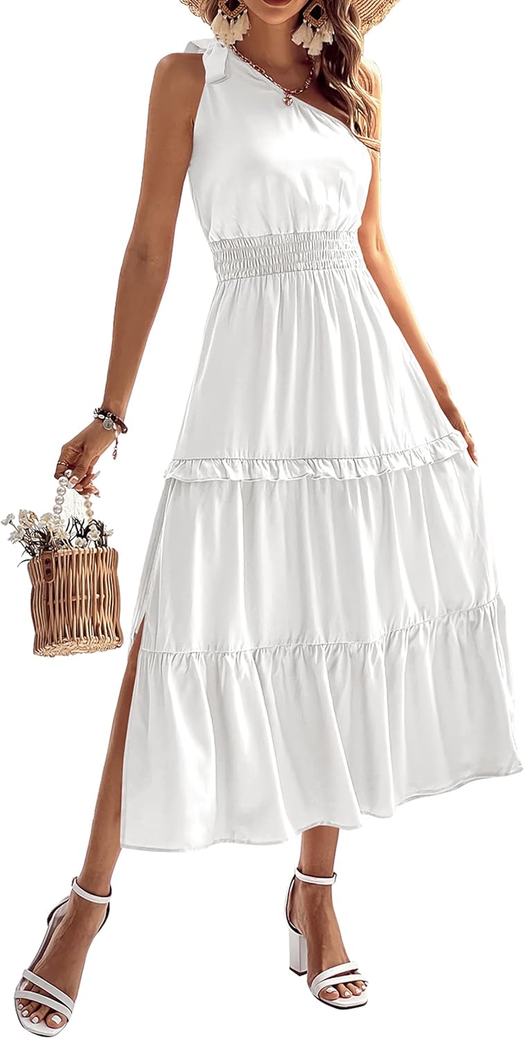 71% OFF KIRUNDO 2023 Womens Summer One Shoulder Maxi Dress Sleeveless Smocked Ruffle