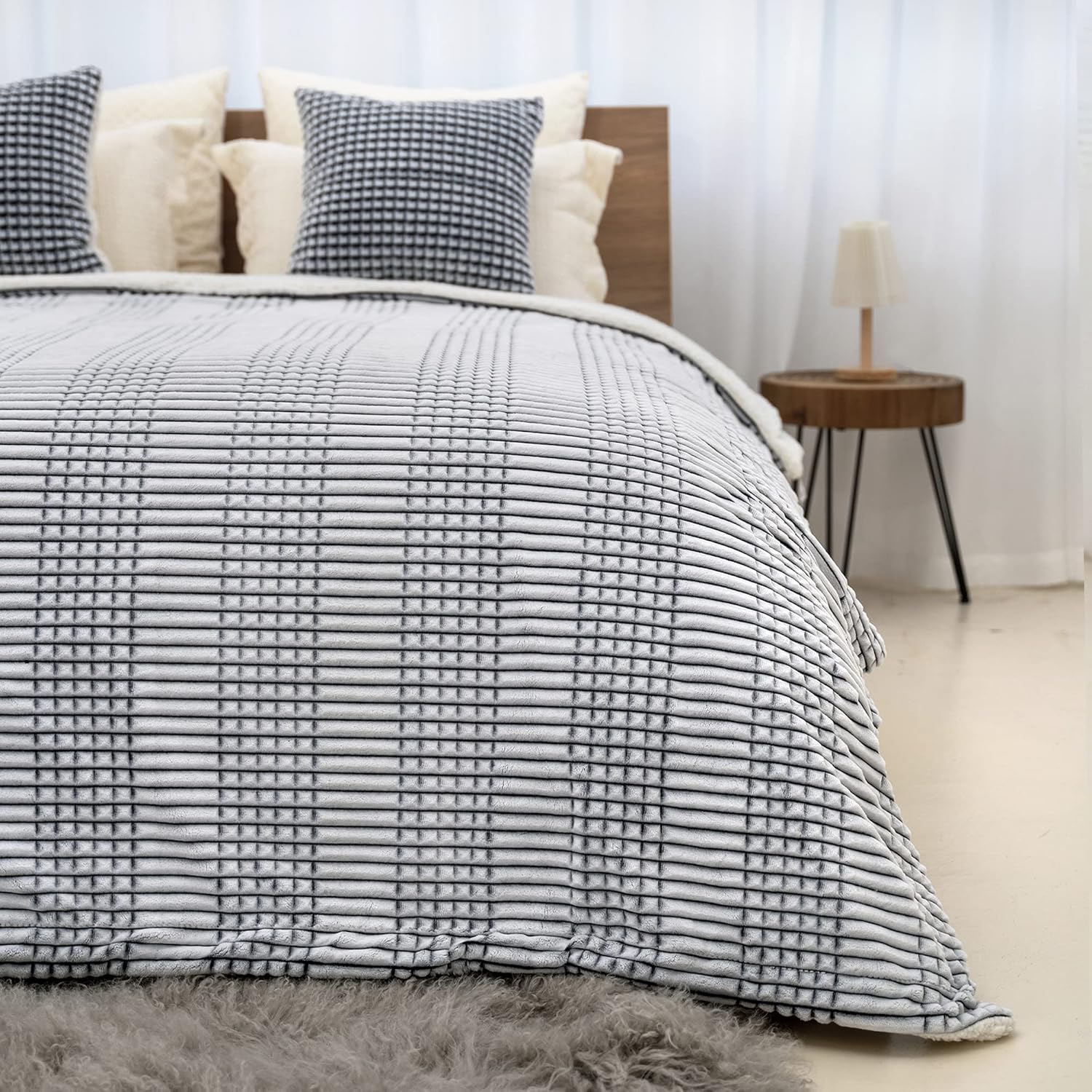 70% OFF Cozy Bliss Grid Sherpa Blanket, Double Sided Fuzzy Soft Fleece Throw Blanket