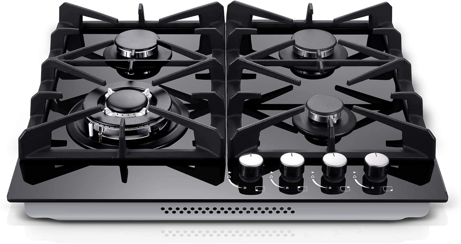 50% OFF Gas Cooktop 23 inch Eascookchef,Bulit-in Gas Stove Top 4 Burners,Black Tempered Glass