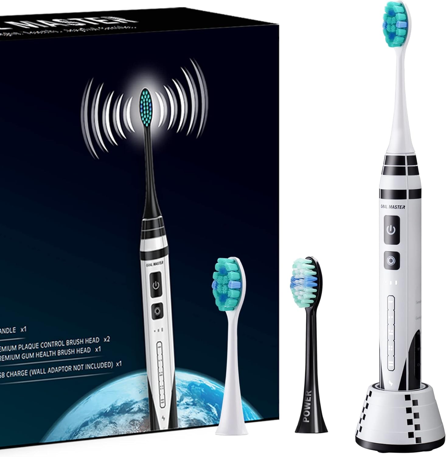 ORAL MASTER Sonic Electric Toothbrush for Adults with 3 Brush Heads, Dupont Bristles