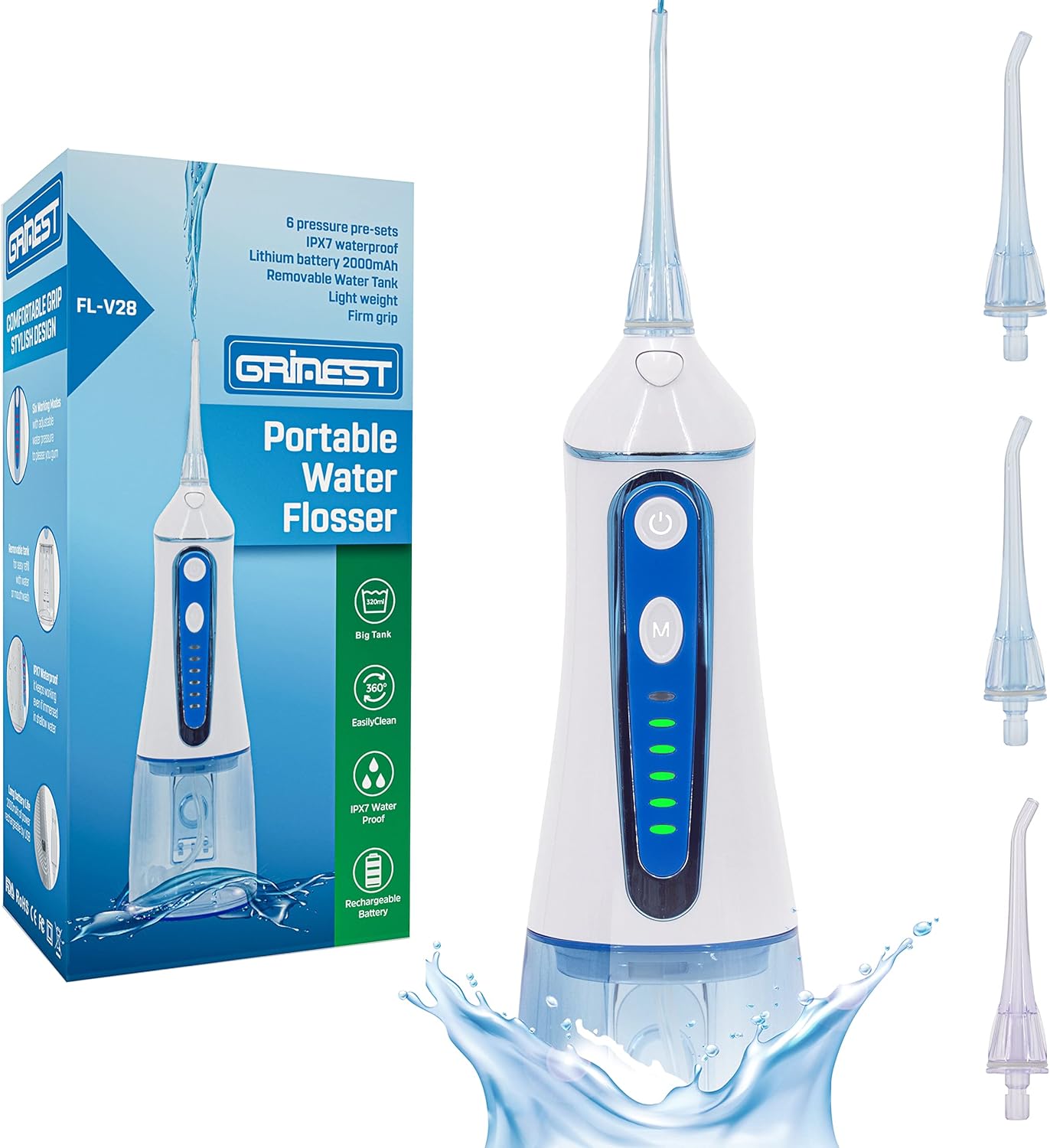 Cordless Water flosser for Teeth Cleaning,Grinest 7 Levels Powerful Battery Water Teeth Cleaner
