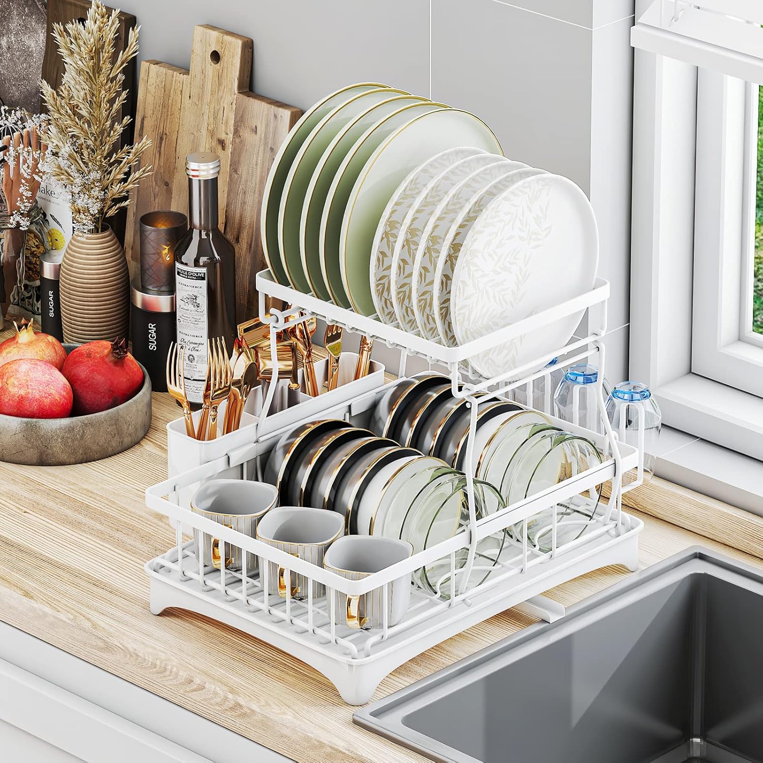 GILLAS Dish Drying Rack, 2 Tier Dish Racks for Kitchen Counter