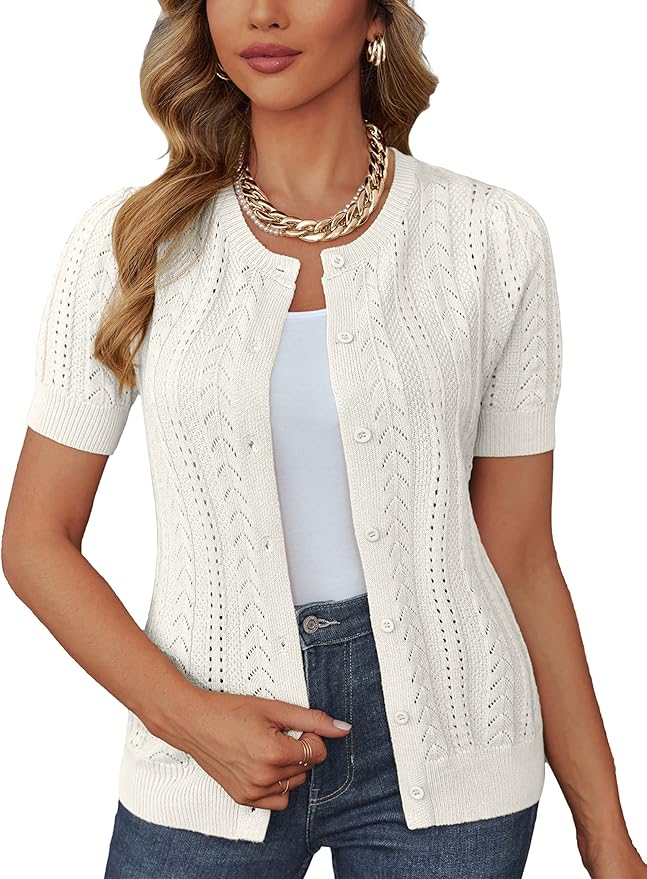 Open in Amazon Zeagoo Women Vintage Short Sleeve Cardigan Elegant Button Up Bolero Shrugs for Dresses