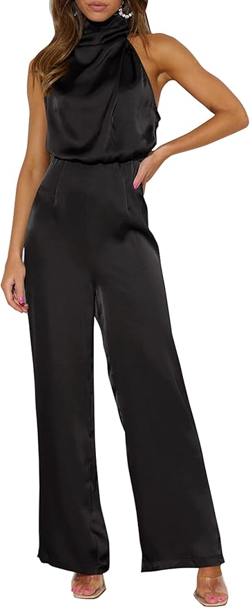 50% OFF Women’s Satin Jumpsuits 2023 Summer One Piece Outfits Mock Neck Sleeveless Wide Leg Pants