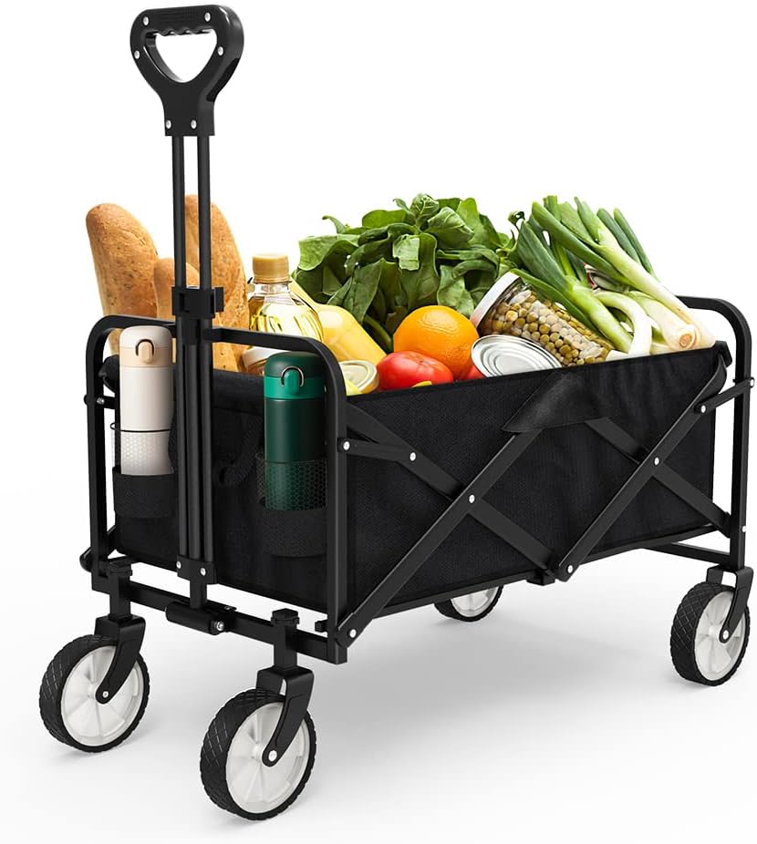 50% OFF Collapsible Folding Wagon, Extra Large Capacity Wagon Cart Heavy Duty Foldable with 4 Drink Holders