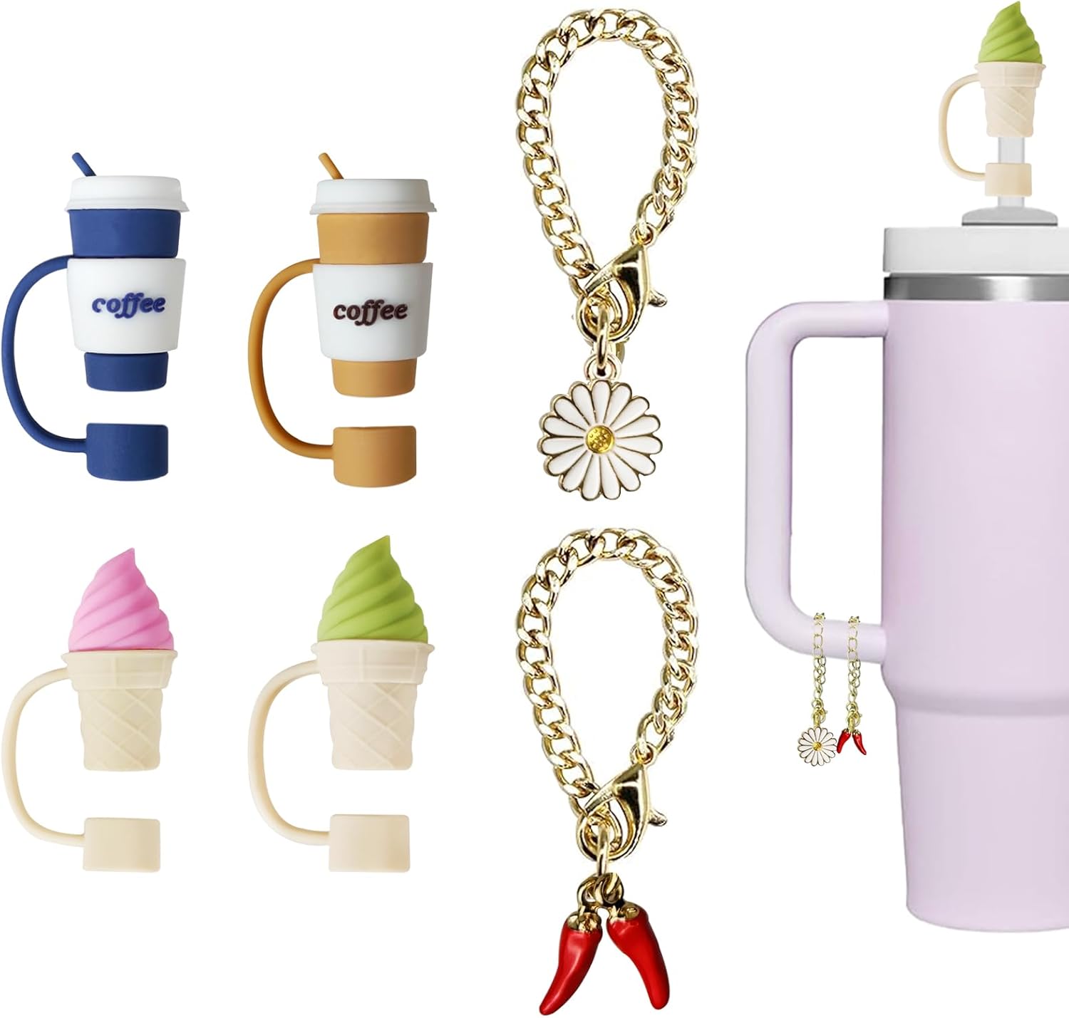 50%OFF 4 PCS Straw Cover Cap and 2 PCS Charm Chains Accessories for Stanley 30oz/40oz Tumbler