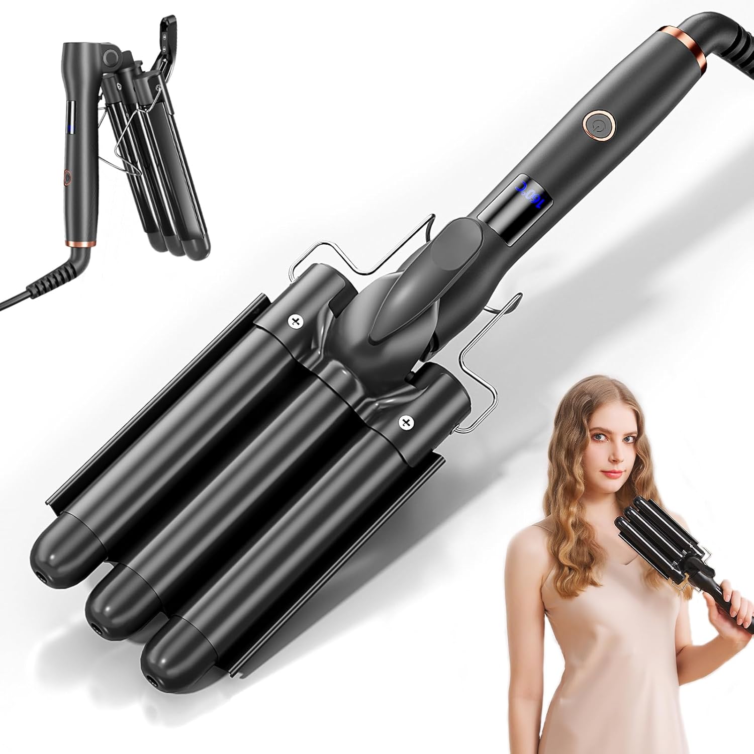 40%OFF Hair Crimper 1 Inch, 3 Barrel Beach Wave Curling Iron, Foldable 25mm 3 Barrel Hair Waver