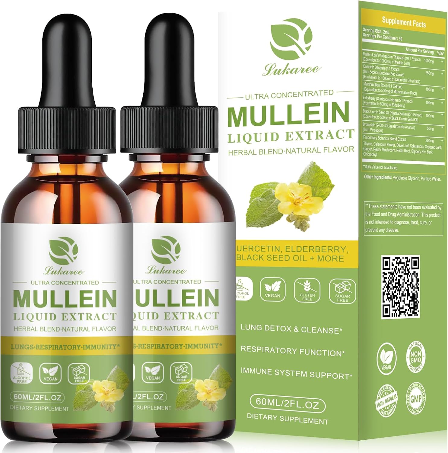50%OFF Mullein Drops for Lungs, Lung Detox & Cleanse, Vegan Mullein Leaf Extract Tincture with Chlorophyll Elderberry