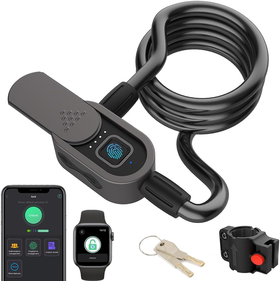 10%OFF Fingerprint Cable Lock with Key Waterproof Bicycle Lock eLinkSmart 150cm Long Steel Cable Lock for Bike